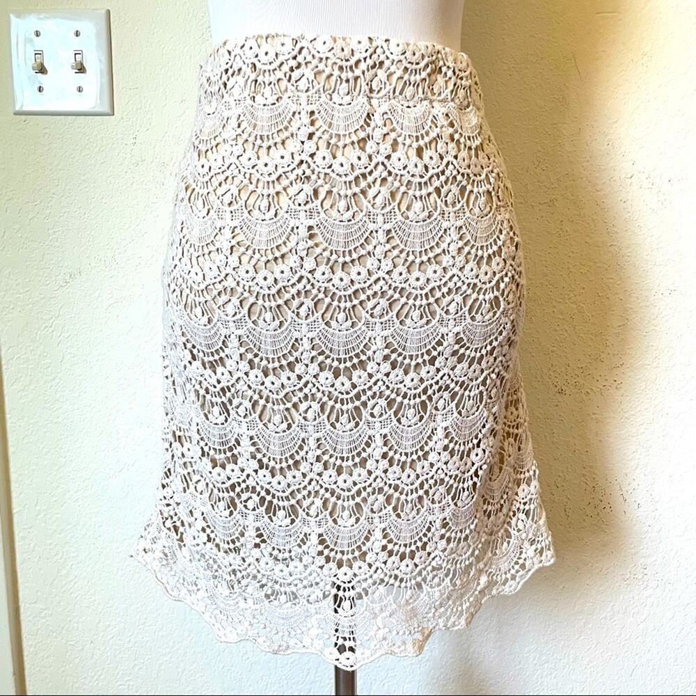 Vacation Cream Crochet Lace Pencil Skirt | Scalloped Hem, Lined, Elegant Chic